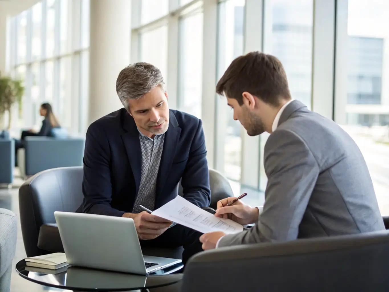 A professional meeting between a client and a financial advisor reviewing a portfolio on a laptop, representing Wealth Management.