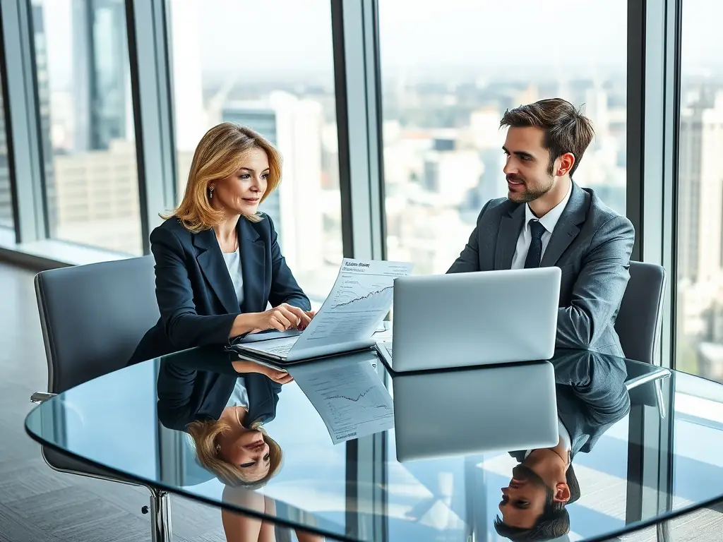 A professional advisor in a modern office setting, reviewing financial documents with a client, symbolizing personalized financial consulting services.